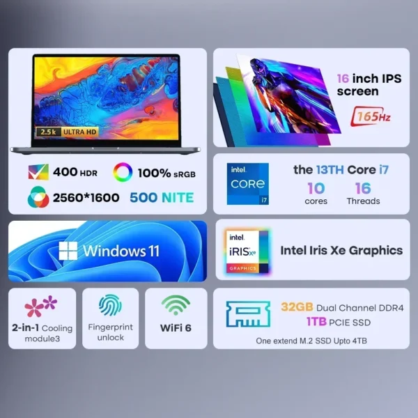 Ninkear N16 Pro Laptops 16" 2.5K 165Hz Intel Core i7-13620H WiFi 6 32GB RAM 1TB SSD Laptop Windows 11 Notebook Office Computer - Image 2