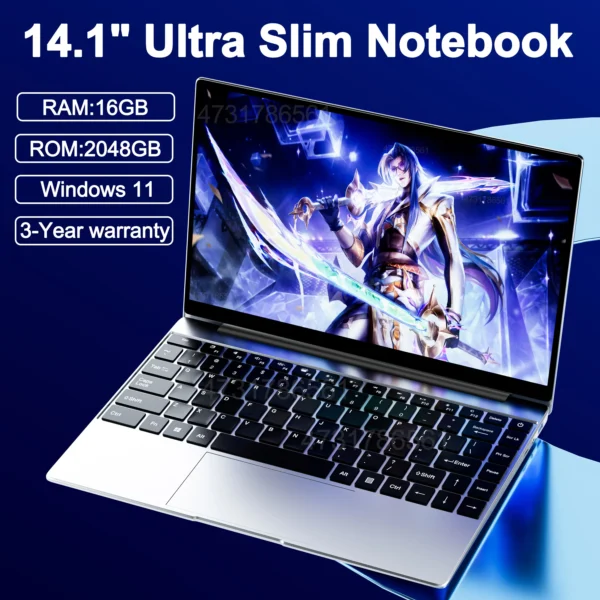 14.1" Ultra Slim Laptop 16GB RAM 2TB SSD Intel N3700 Notebook Gamer 1920*1080 Display Office Study Computer PC Windows 11 Pro