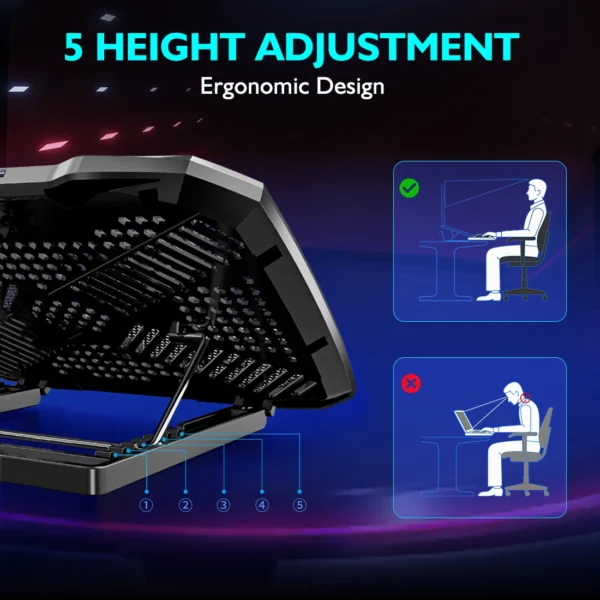 COOLCOOLD Laptop Cooling pad for 12-17 Inch Laptop Cooler Stand, 5 quiet fans, 5 Angle Adjustable with phone holder - Image 5