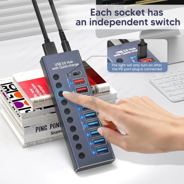 AIXXCO 7/10 Ports USB 3.0 Hub Multi USB Splitter with Switch Power Adapter Multiple Expander for Laptop Accessories MacBook - Image 2
