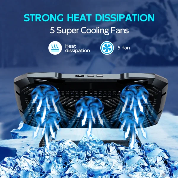 COOLCOOLD Laptop Cooling pad for 12-17 Inch Laptop Cooler Stand, 5 quiet fans, 5 Angle Adjustable with phone holder - Image 2