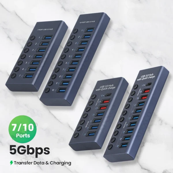 AIXXCO 7/10 Ports USB 3.0 Hub Multi USB Splitter with Switch Power Adapter Multiple Expander for Laptop Accessories MacBook