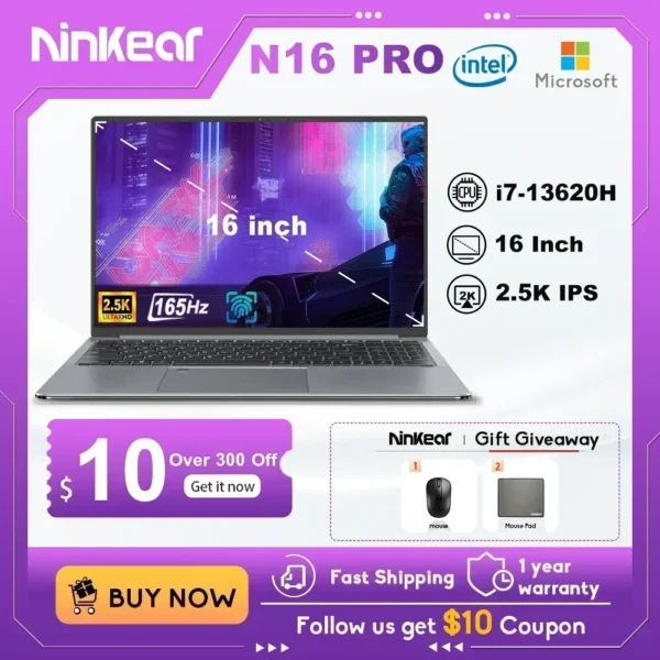 Ninkear N16 Pro Laptops 16" 2.5K 165Hz Intel Core i7-13620H WiFi 6 32GB RAM 1TB SSD Laptop Windows 11 Notebook Office Computer