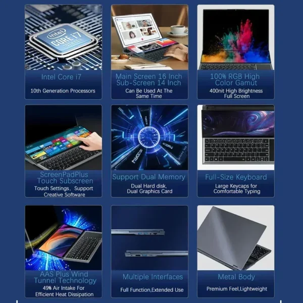 Dual-screen Laptop 14 inch Touch LCD 32GB/16GB/8GB RAM 2TB/1TB/512GB SSD I7 10th Generation 6 Cores Gaming Laptops Notebook - Image 2