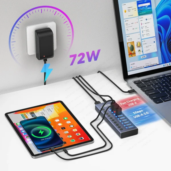 AIXXCO 7/10 Ports USB 3.0 Hub Multi USB Splitter with Switch Power Adapter Multiple Expander for Laptop Accessories MacBook - Image 4