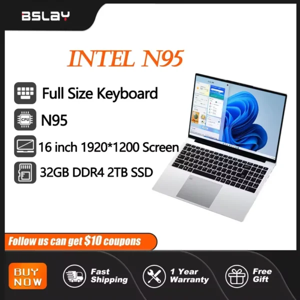 Laptop 16 Inch Intel N95 32GB RAM 2TB SSD Fingerprint Unlock 4 Cores 4 Threads 3.4 GHz Wifi5 HD Camera Portable DDR4 Computer PC